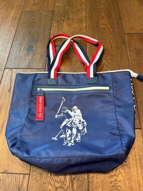 U.S. Polo Assn. Navy Tote with Red White & Blue Striped Handles